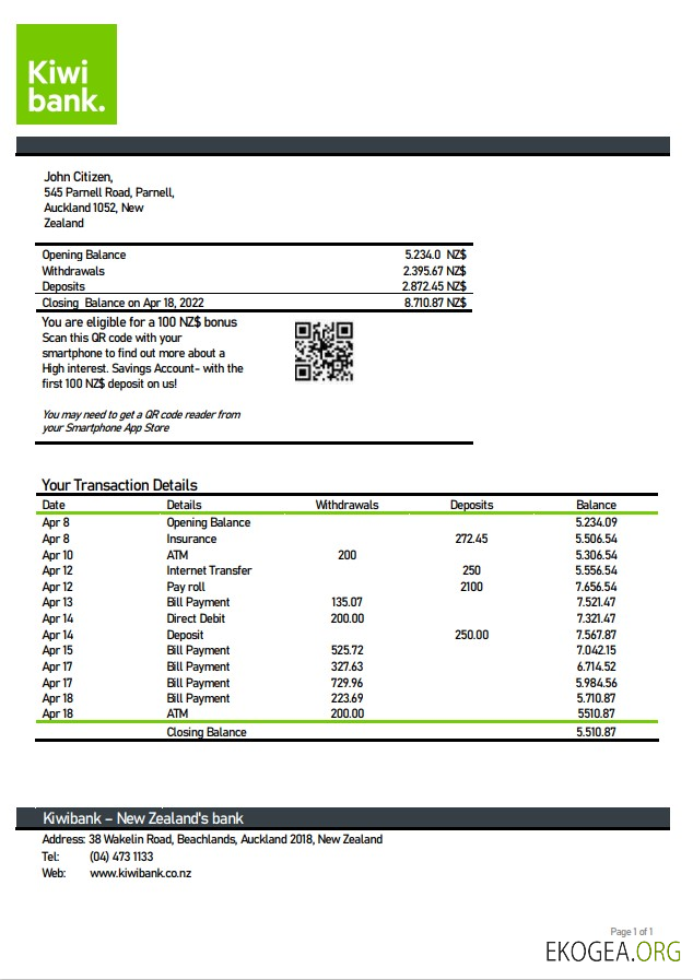 Déclaration de la Kiwibank néo zélandaise